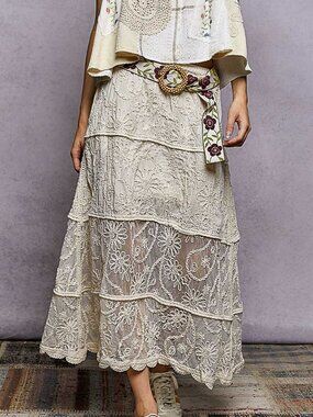 Floral Embroidered Tiered Crochet Skirt – Boho Chic Midi Skirt